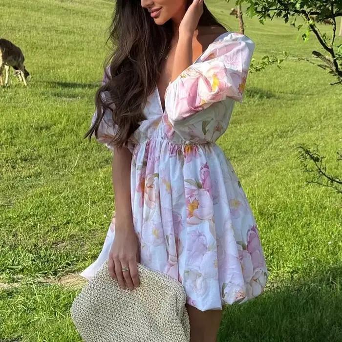 Robe de soirée plissée ample à manches bouffantes pour femme