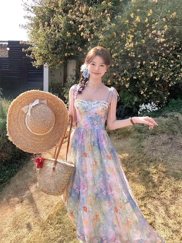 Français élégant robe à bretelles florales femmes doux Style de plage mode coréenne vêtements soirée Vintage