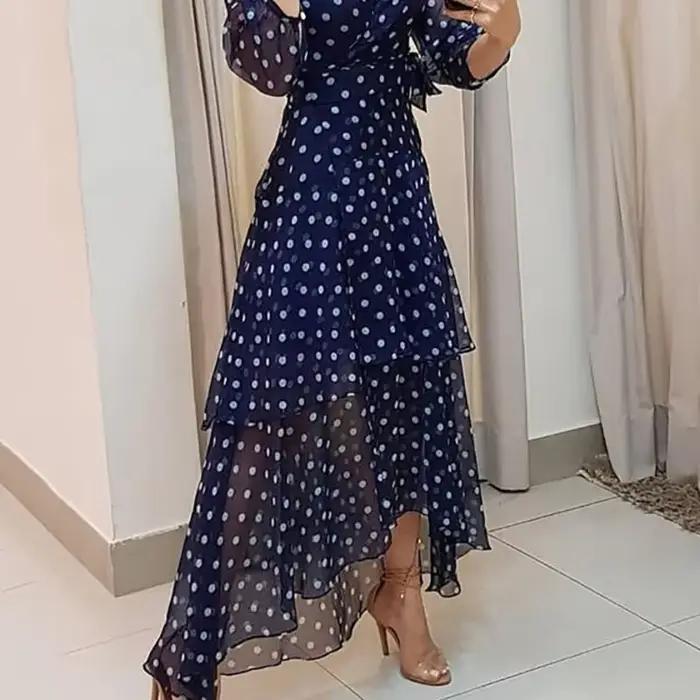 Robe de Soirée Élégante à Pois Imprimé Bleu Foncé