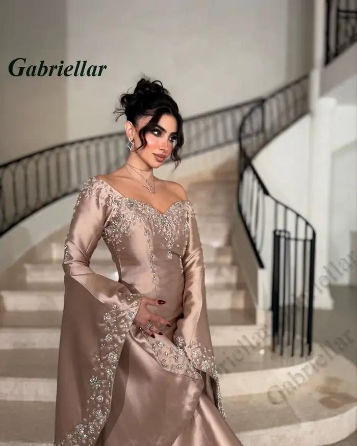 Gabriellar robes de bal à la mode pour femmes col en V manches longues évasées cristal Occasion spéciale robe Satin sirène personnalisé