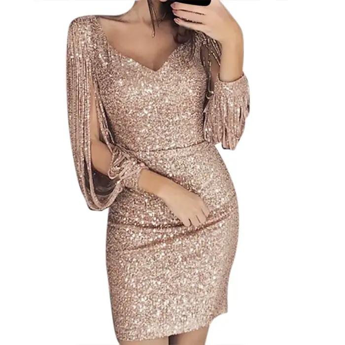 Robes pour invités de mariage enfants femmes longues brillantes Mini manches à paillettes couture solide robe Sexy Club pла Heiе жokubе летнее