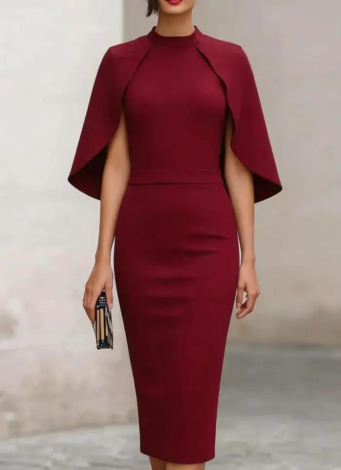 Robe midi élégante à col haut et manches cape