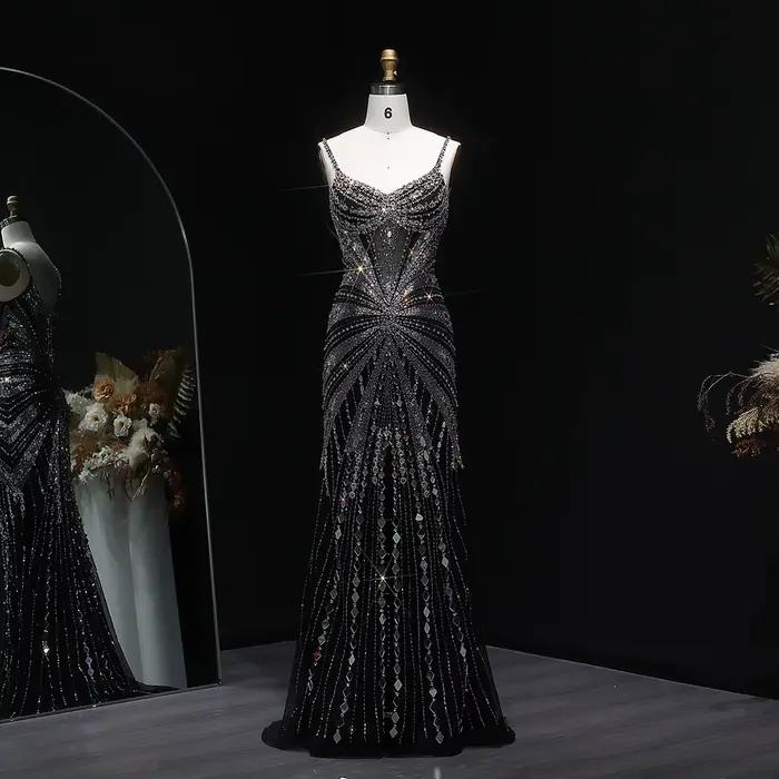 Robe de soirée Sharon Said Dubai Champagne à fines bretelles avec fente haute perlée شارون سعيد