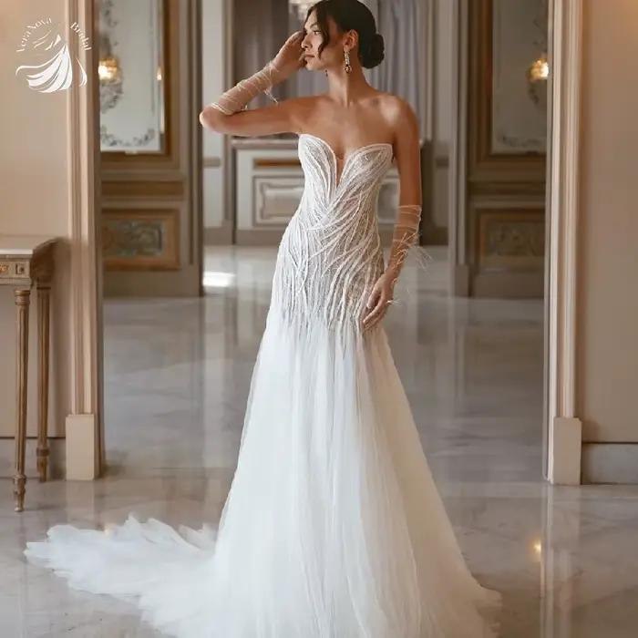 Robe de mariée personnalisée Sexy Illusion dentelle sirène longue avec élégant Tulle sans manches