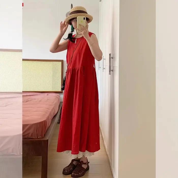 Robe longue décontractée sans manches style vacances à la plage rouge pour femme