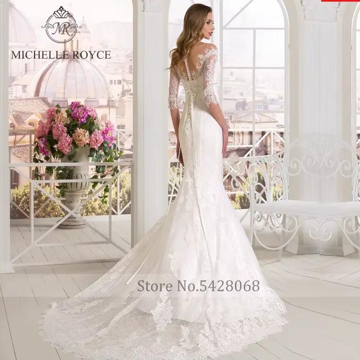 Michelle Royce robes De mariée sirène col en v Appliques Empire ceintures nœud bouton Court Train