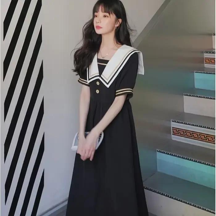 Robe d'été femmes col marin Maxi Preppy japon Style belle collège loisirs Empire rétro Simple classique Design dames Chic