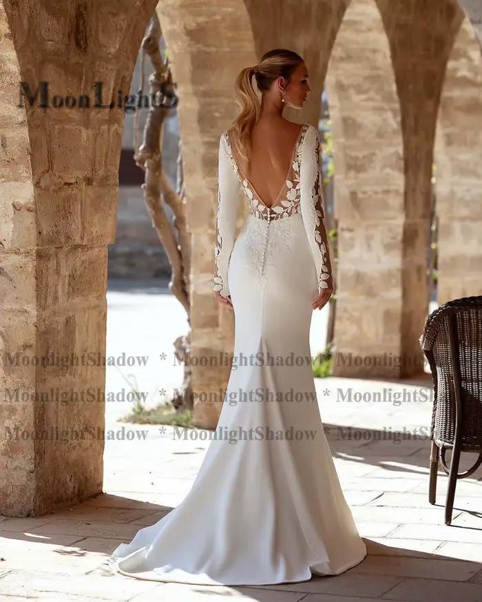 Moonlight charmante sirène robes De mariée pour les femmes dentelle Appliques col en V robe De soirée De Mariage