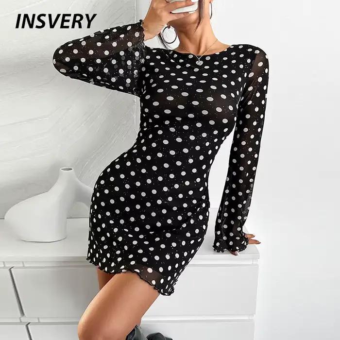 Robe noire Sexy imprimée à pois pour femmes