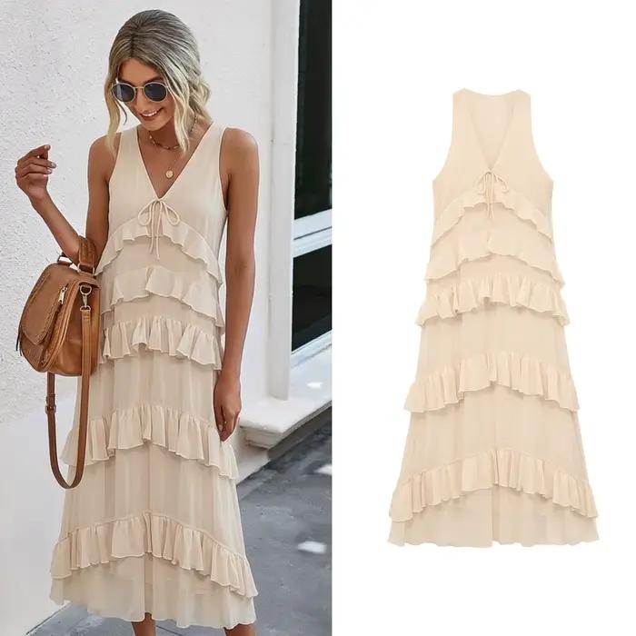 Robe midi élégante beige pour femme