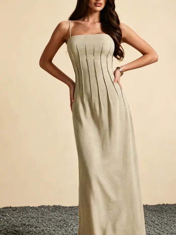 Robe longue d'été sans manches en polyester drapée à la française pour femmes, élégante et confortable pour occasions spéciales