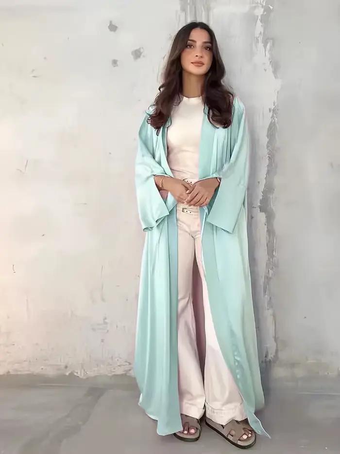 Abaya-Kimono en satin rose pour femmes