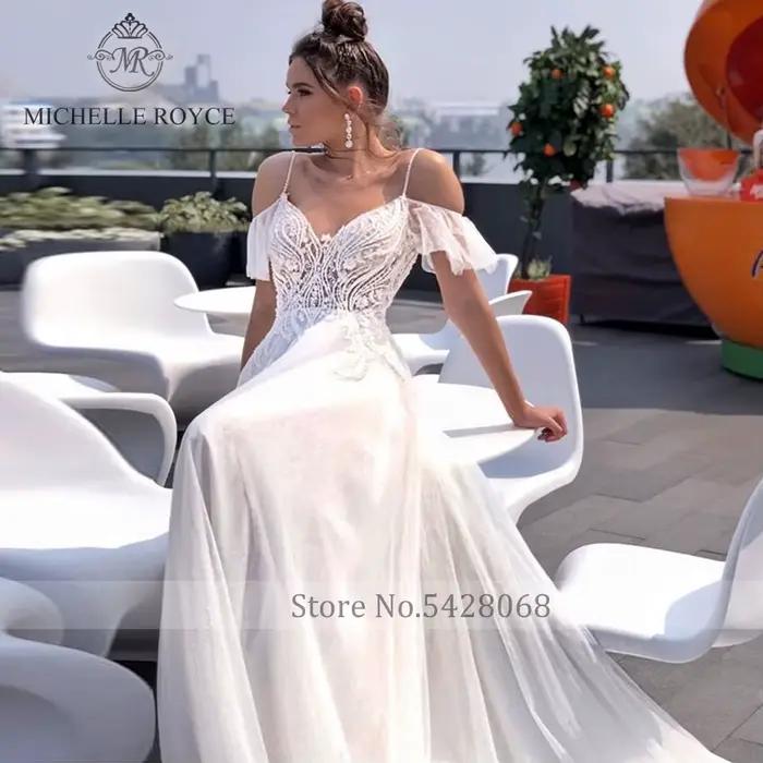 Michelle Royce a-ling robes De mariée Sexy chérie perles volants dos nu chapelle Train