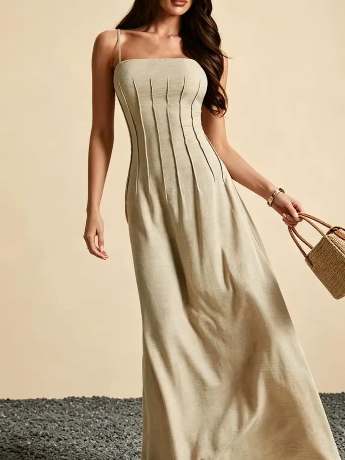 Robe longue d'été sans manches en polyester drapée à la française pour femmes, élégante et confortable pour occasions spéciales