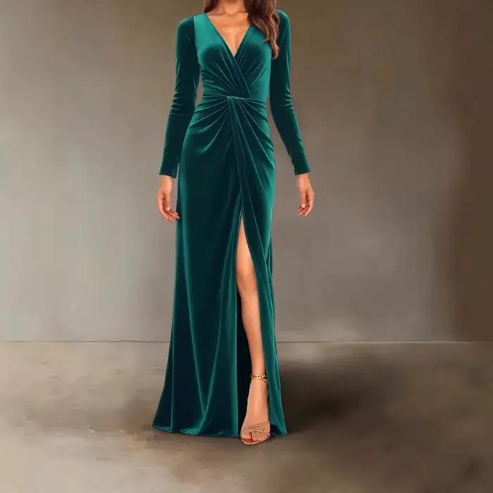 Robe de soirée en velours pour femmes, col en V, taille haute, élégante et sexy pour occasions spéciales ```