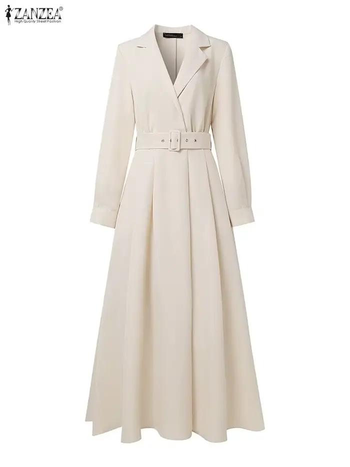 Femmes automne OL Robe de travail ZANZEA 2025 élégant revers à manches longues robes de bureau solide ceinturée