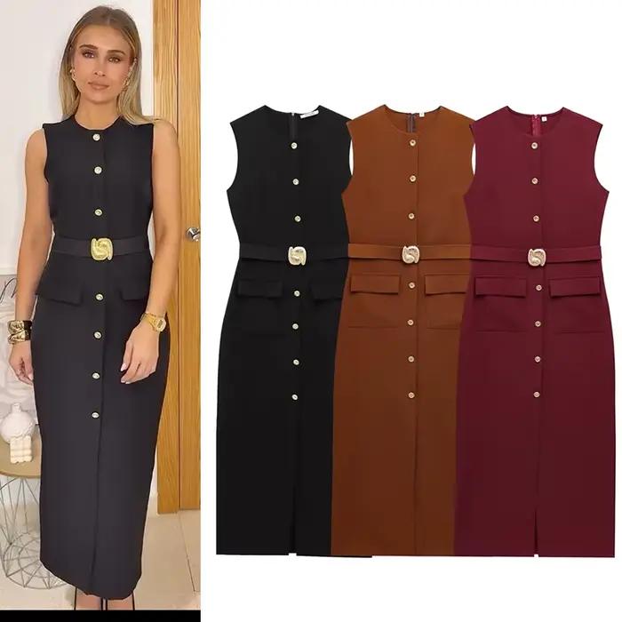 Robe femme noir robes longues printemps été 2025 boutonné sans manches