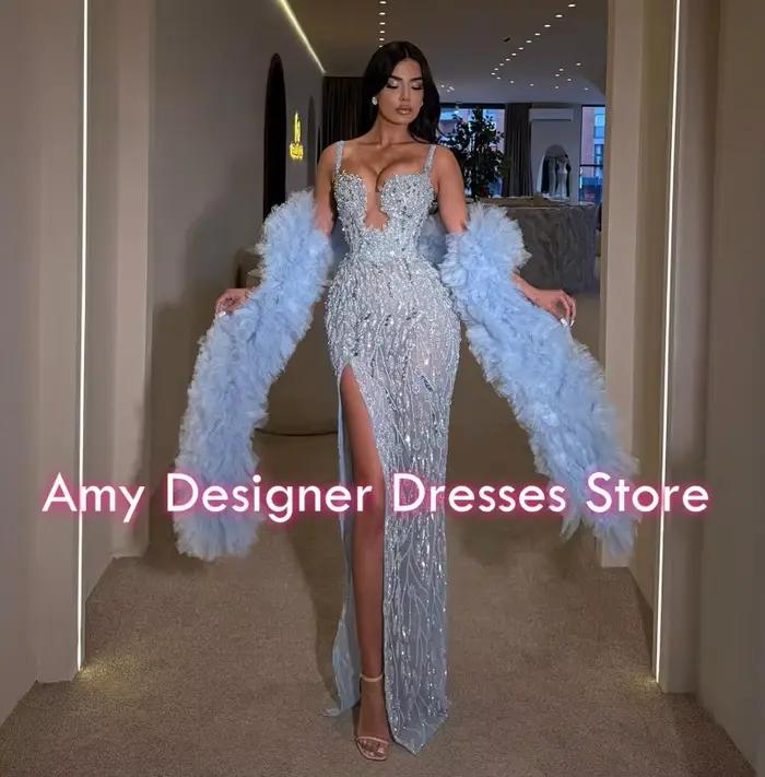 Robes de Soirée Bleues Élégantes 2026 – Robe Sirène Sans Manches Fendue à Paillettes pour Mariage et Fêtes – Modèle Personnalisé pour Femmes Raffinées