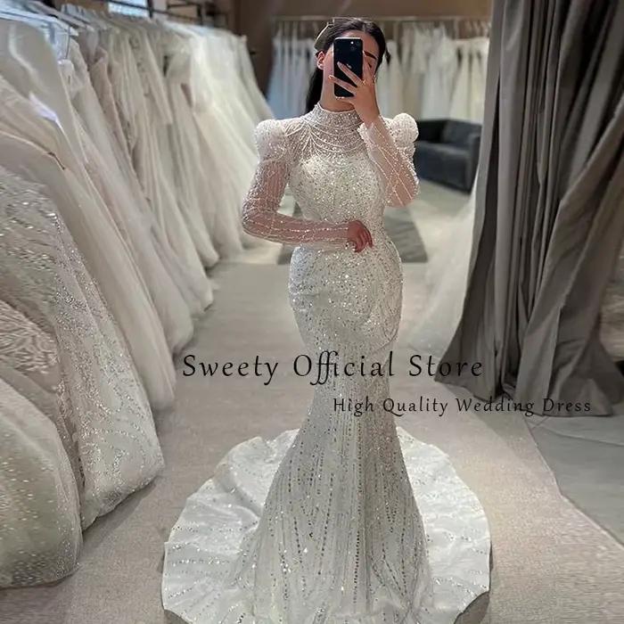 Robe de mariée sirène en dentelle à col haut avec perles, silhouette trompette, illusion dos, pour femmes enceintes, mariage, cérémonie, occaisons spéciales ```