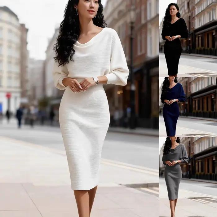 Minceur efficace col rond chauve-souris à manches longues taille cintrée robe automne hiver femmes mode confortable tenue décontractée