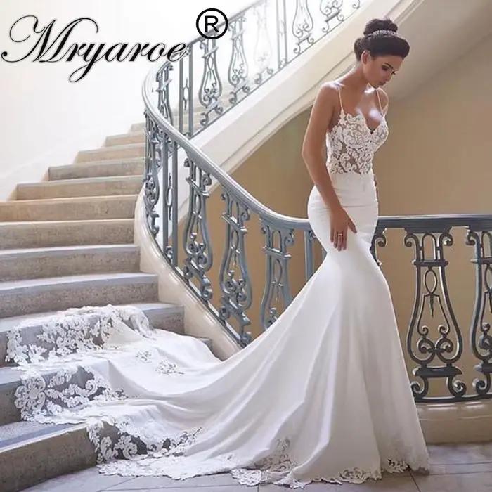 Mryarce luxe dentelle crêpe robe de mariée Sexy bretelles Spaghetti longue Train robes