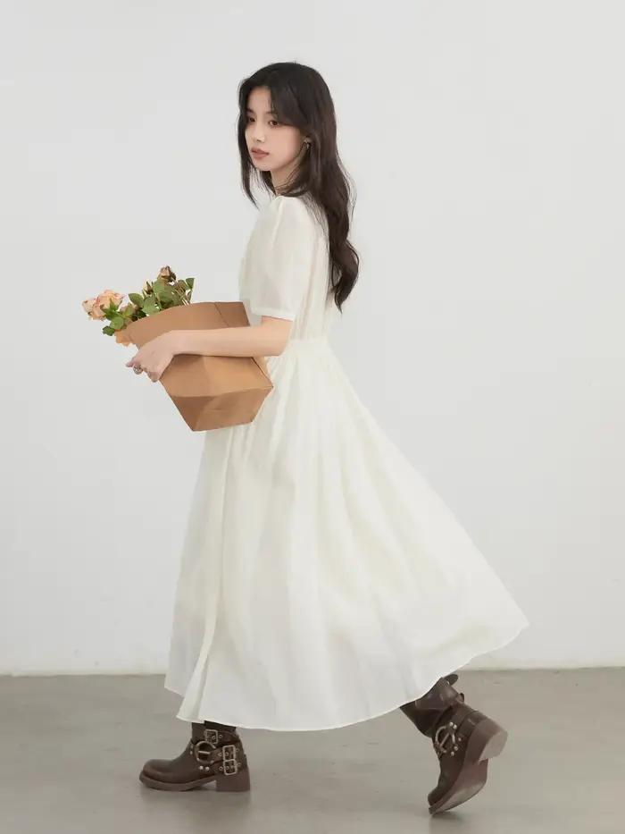 Robe décontractée en viscose et nylon Chic Ven pour femmes, col en V, manches courtes bouffantes, silhouette en ligne, idéale pour l'été et les occasions spéciales