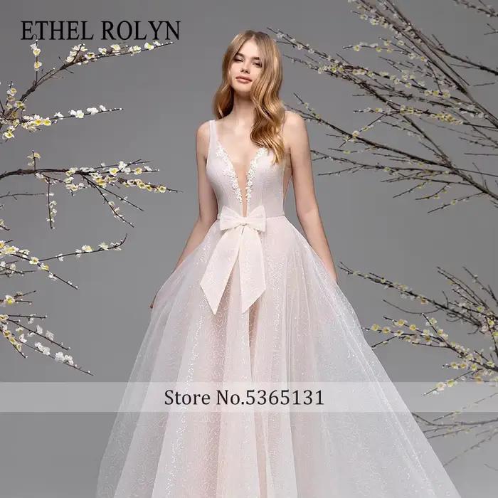ETHEL ROLYN a-ligne robes De mariée pour femme avec nœud profond col en v Appliques scintillant Tulle robe
