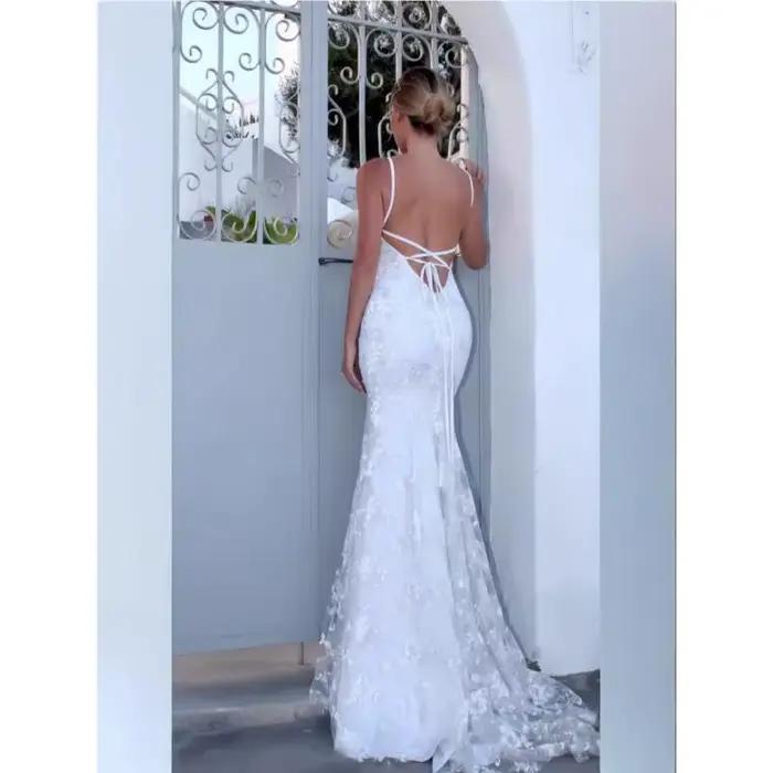 Bretelles élégantes robes de mariée sirène dentelle perles dos nu croisé col en V