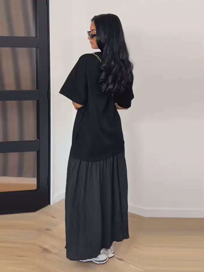 Robe longue oversize à manches courtes et patchwork pour femme