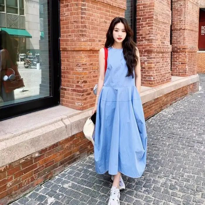 Robe longue bleue style vacances à la française pour femme