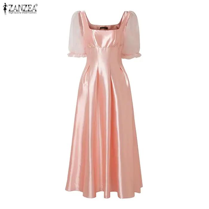 ZANZEA Robe d'été élégante pour femme à col carré et manches courtes bouffantes 2026
