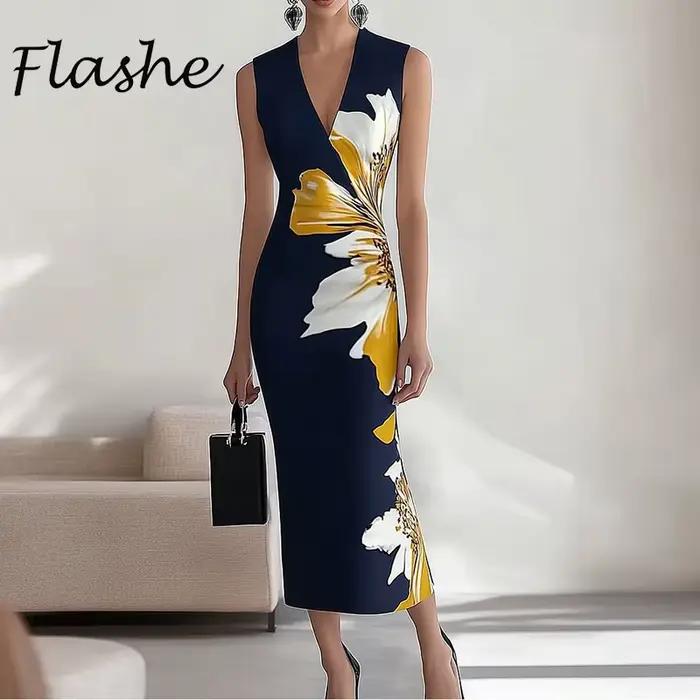 Robe longue élégante sans manches pour femmes, col en V, coupe gaine, style vintage, polyester, pour soirées, bureau et vacances