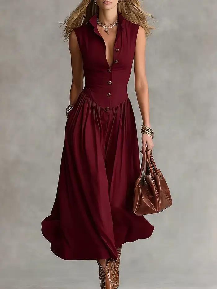 Robe longue plissée décontractée à col rabattu et boutons pour femme