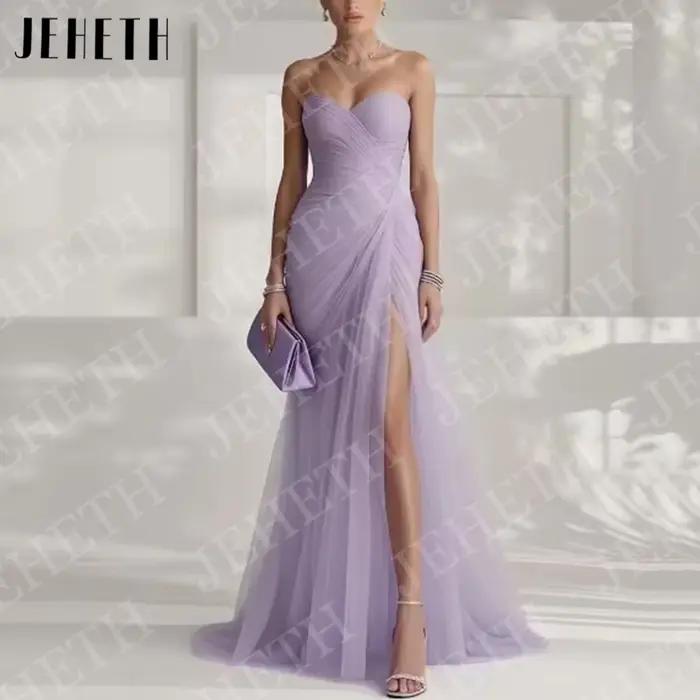 JEHETH Robes de soirée élégantes bleu ciel pour invitées de mariage robe de fiançailles sans bretelles en tulle plissé