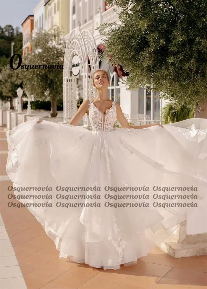 Robe de mariée Osquernovia Bohe A-line Trapèze V-neck Dos Nu Appliques Dentelle Personnalisée Blanc Ivoire Occasions Spéciales