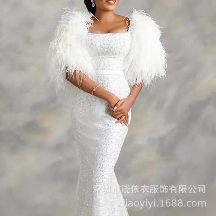 Robe longue en plumes taille haute pour femmes