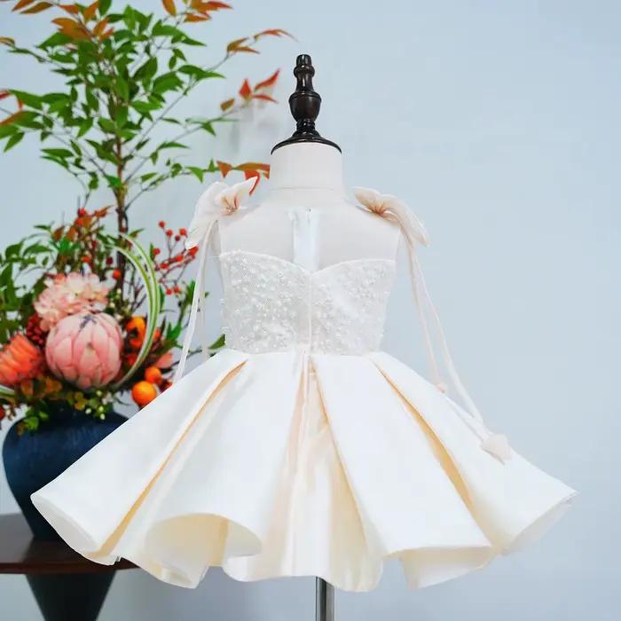 Jill Wish J582 Eleagnt Champagne robe de fille de fleur perles avec nœud princesse enfants mariage 1er anniversaire