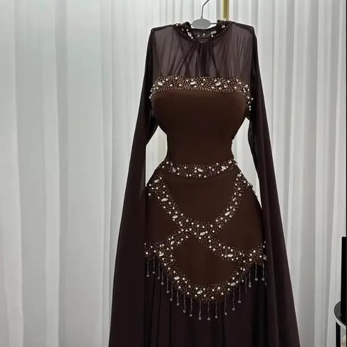 Robe de soirée formelle marron élégante avec perles et paillettes pour femmes, longueur au sol, soirée officielle, mariage, gala de charité