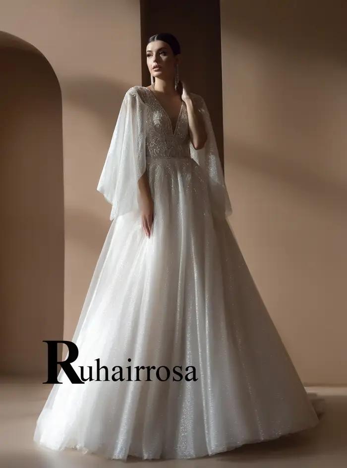 Ruhair robes De mariée modernes dos nu manches évasées Appliques col en v Tulle a-ligne plissée Robe De soirée De Mariage personnalisé