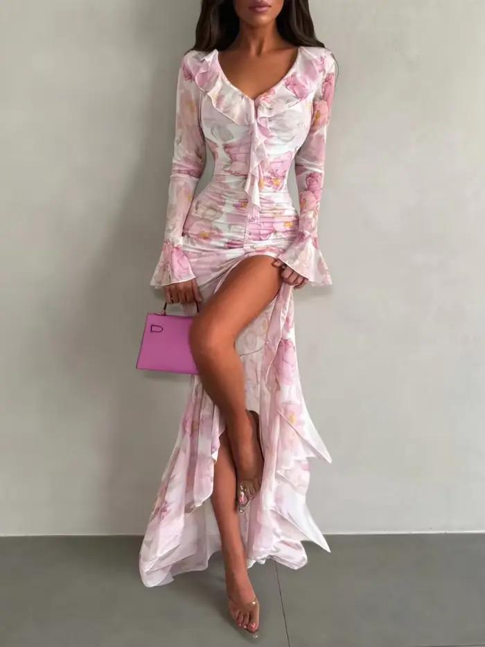 Robe longue chic rose à imprimé floral pour femme