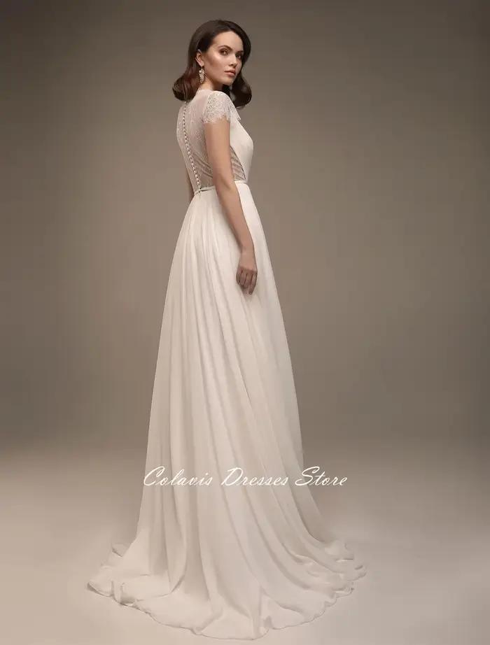 Fanan Style grec bohême dentelle robe De mariée personnalisé en mousseline De soie balayage Train boutons