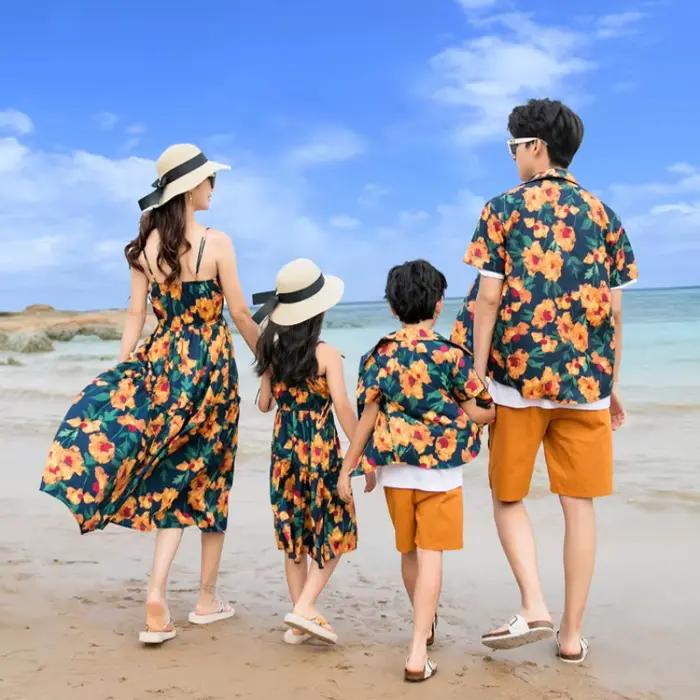 Tenues Assorties Famille pour Vacances d'Été 2026 : Chemises Florales et Robes à Bretelles Mère-Fille – Look de Couple