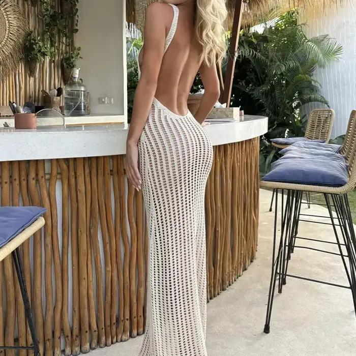 BWQ nouveau Style tricoté dos nu robe à bretelles Sexy évider vêtements de plage couvrir femmes été