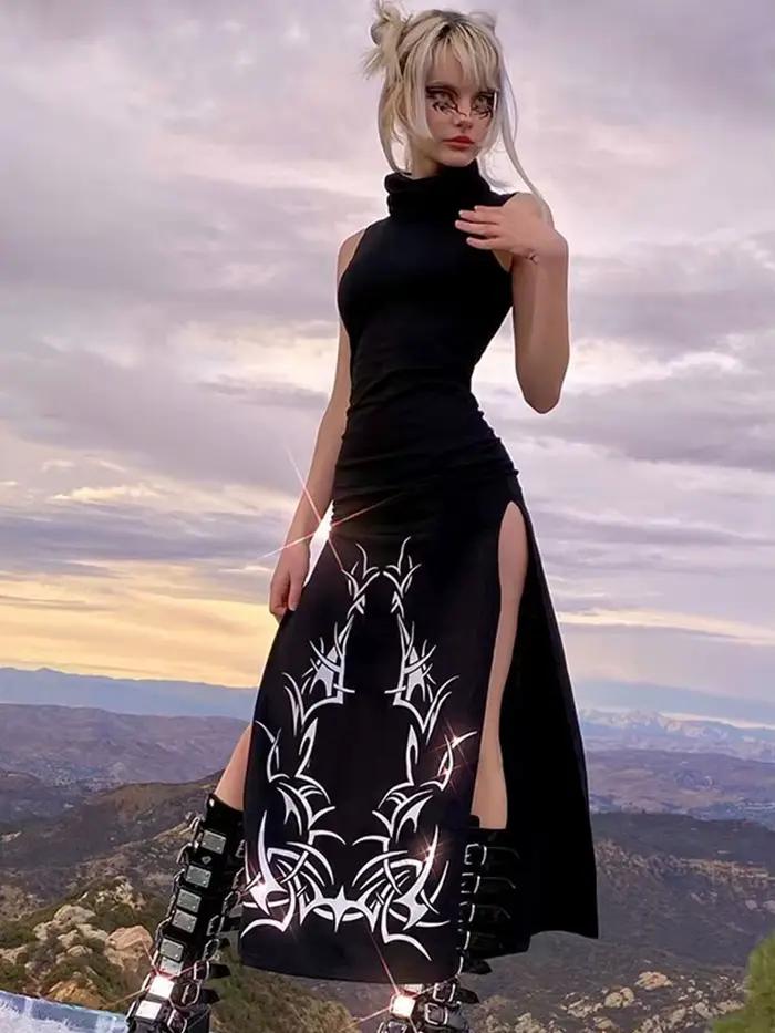 Robe longue gothique à imprimé noir avec col roulé pour femmes style harajuku occassions spéciales