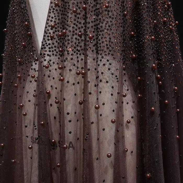 Sharon Said élégant noir perlé Cape robe de soirée avec balayage étage arabe pour les femmes