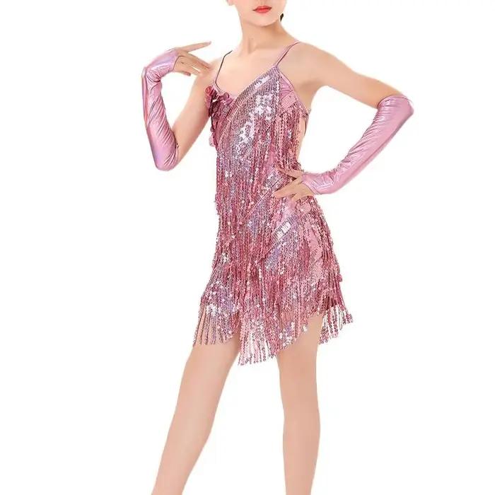 Robe de danse latine à franges et paillettes pour filles