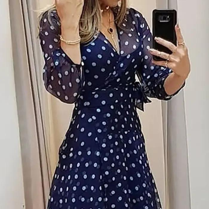 Robe de Soirée Élégante à Pois Imprimé Bleu Foncé