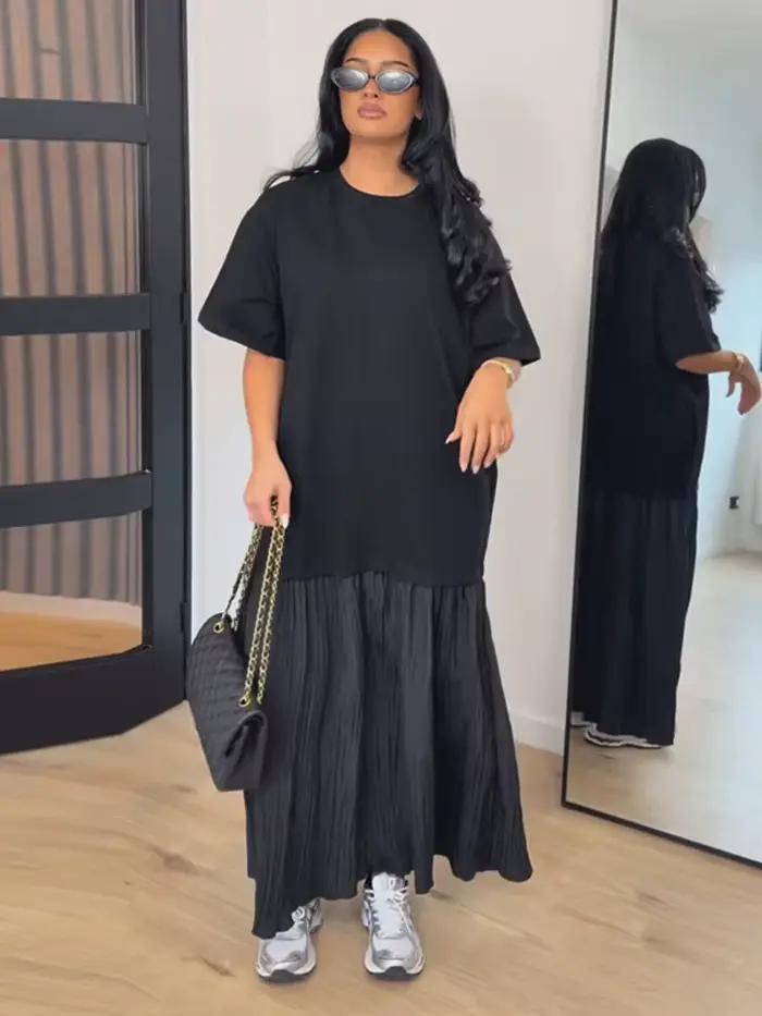 Robe longue oversize à manches courtes et patchwork pour femme