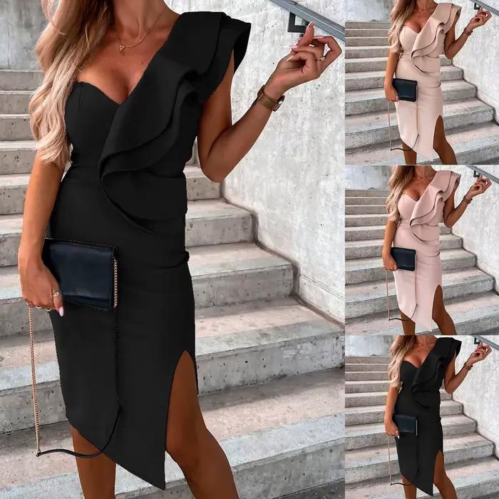 Robe mi-longue froncée fendue sur le côté pour femme
