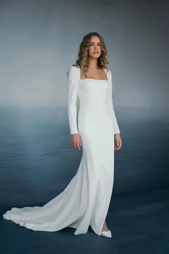 Civil 2025 crêpe sirène robes de mariée haute fente formelle robe de soirée de mariage manches longues